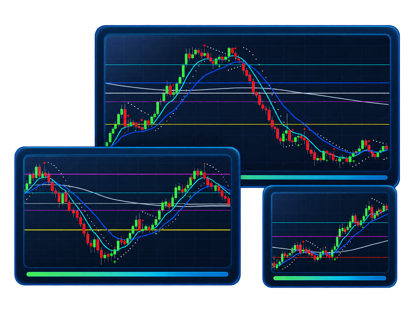 Three trading monitors displaying market charts